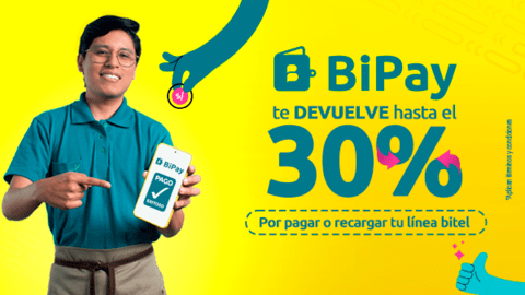 Paga o recarga tu línea Bitel por BiPay y te devolvemos parte del dinero gastado